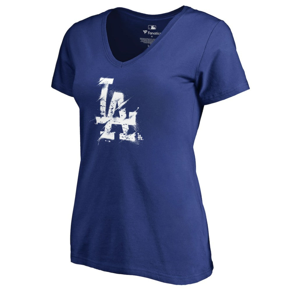 Los Angeles Dodgers Women's Splatter Logo V-Neck T-Shirt - Royal - MLB Discount