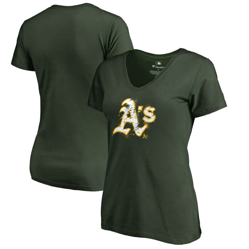 Athletics Women's Splatter Logo V-Neck T-Shirt - Green - MLB Discount