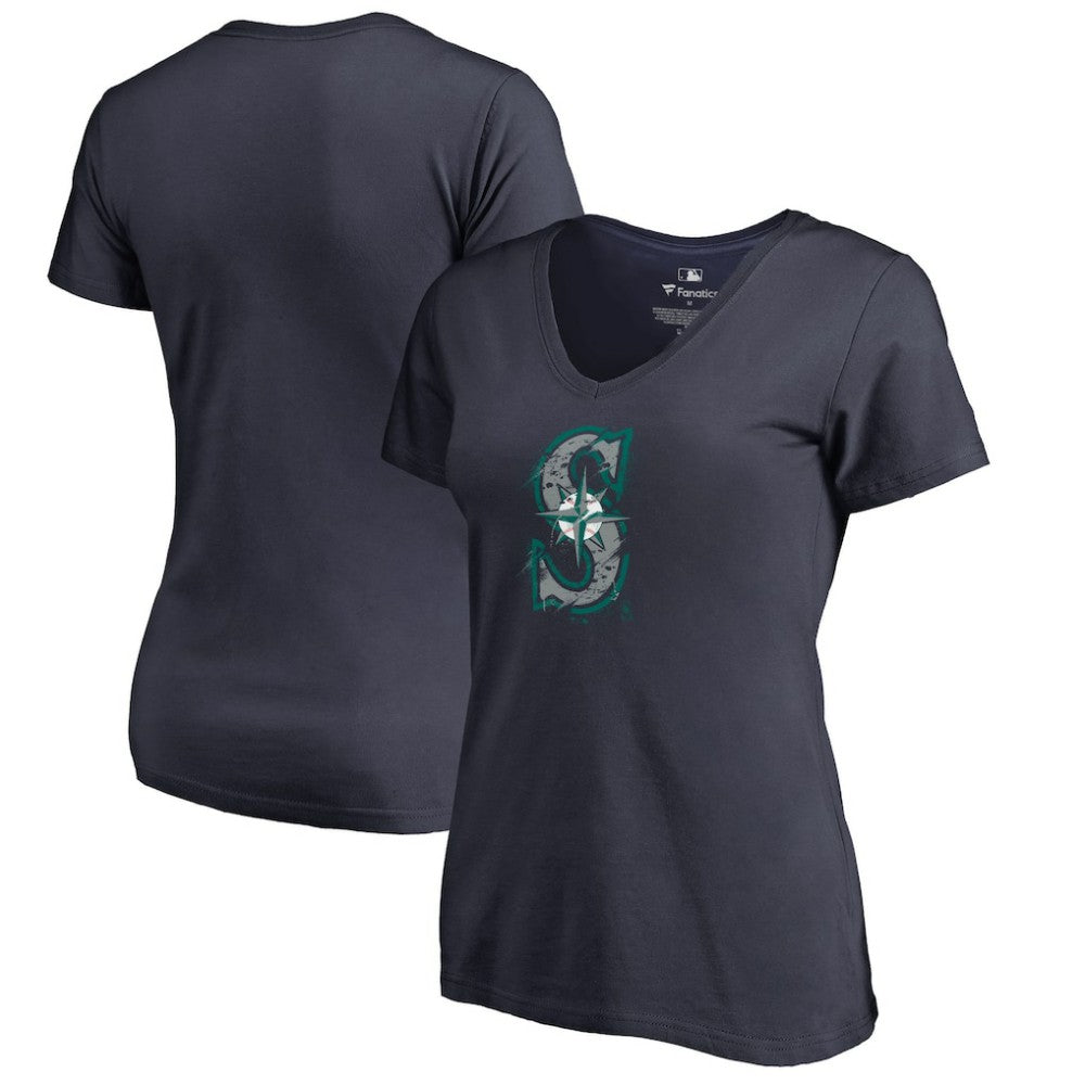 Seattle Mariners Women's Splatter Logo V-Neck T-Shirt - Navy - MLB on Sale