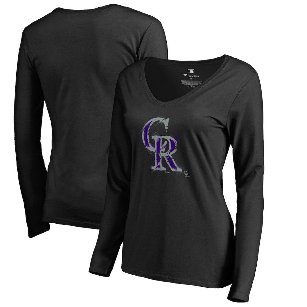 Colorado Rockies Women's Splatter Logo Long Sleeve V-Neck T-Shirt - Black - MLB Discount