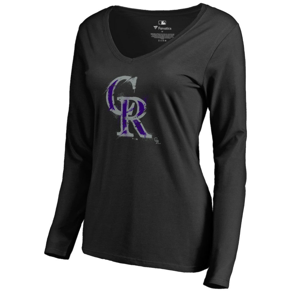 Colorado Rockies Women's Splatter Logo Long Sleeve V-Neck T-Shirt - Black - MLB Discount
