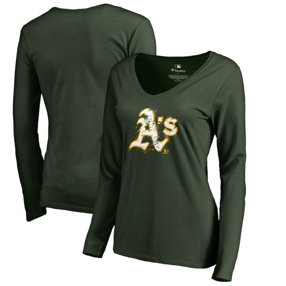 Athletics Women's Splatter Logo Long Sleeve V-Neck T-Shirt - Green - MLB Online