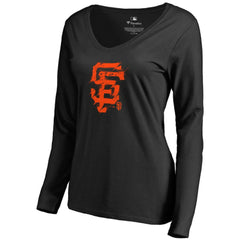 San Francisco Giants Women's Splatter Logo Long Sleeve V-Neck T-Shirt - Black - MLB Lifestyle