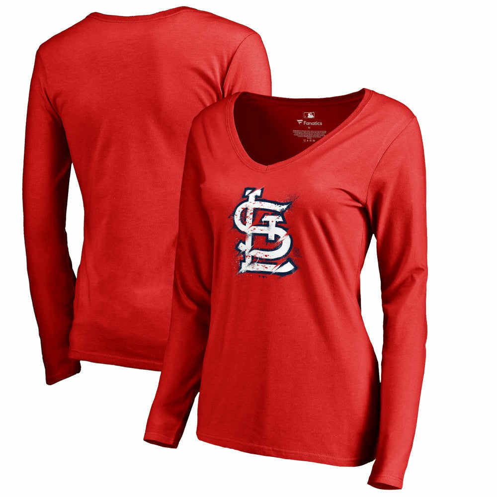 St. Louis Cardinals Women's Splatter Logo Long Sleeve V-Neck T-Shirt - Red - MLB Online