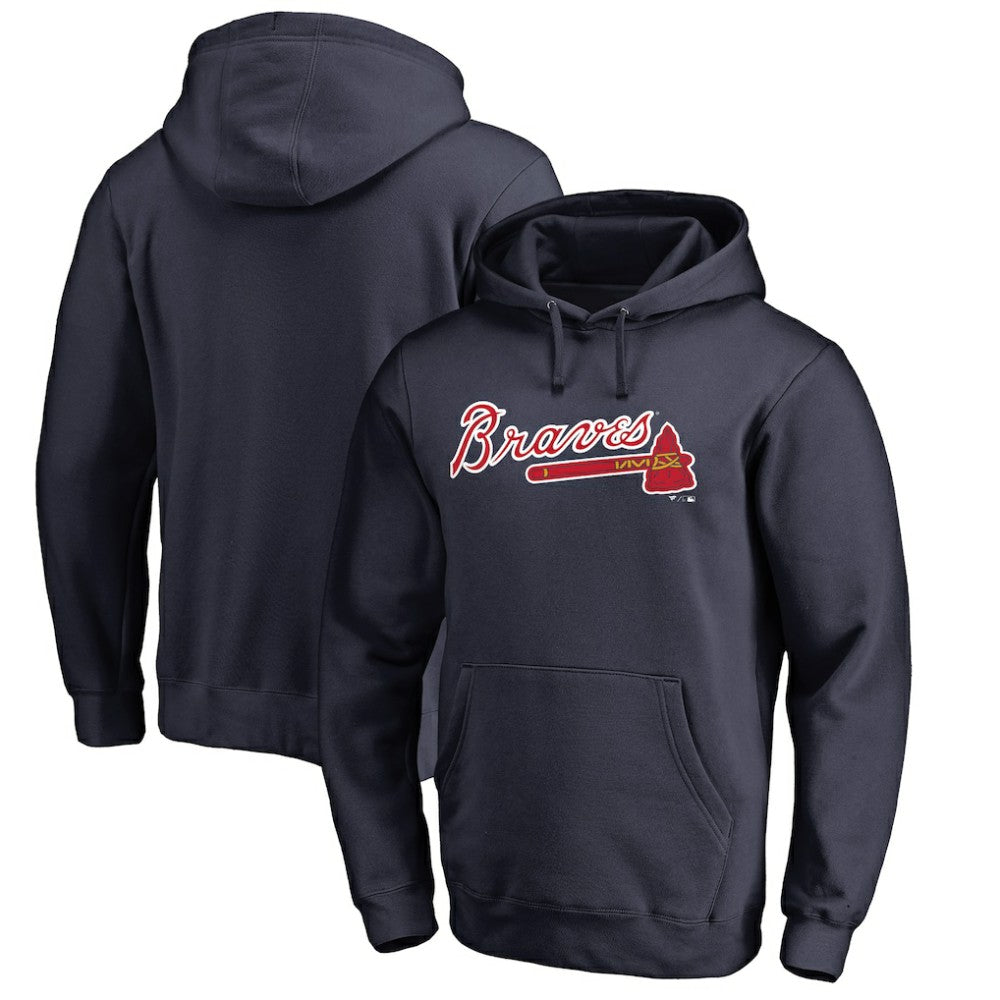 Atlanta Braves Official Wordmark Fitted Pullover Hoodie - Navy - MLB Lifestyle