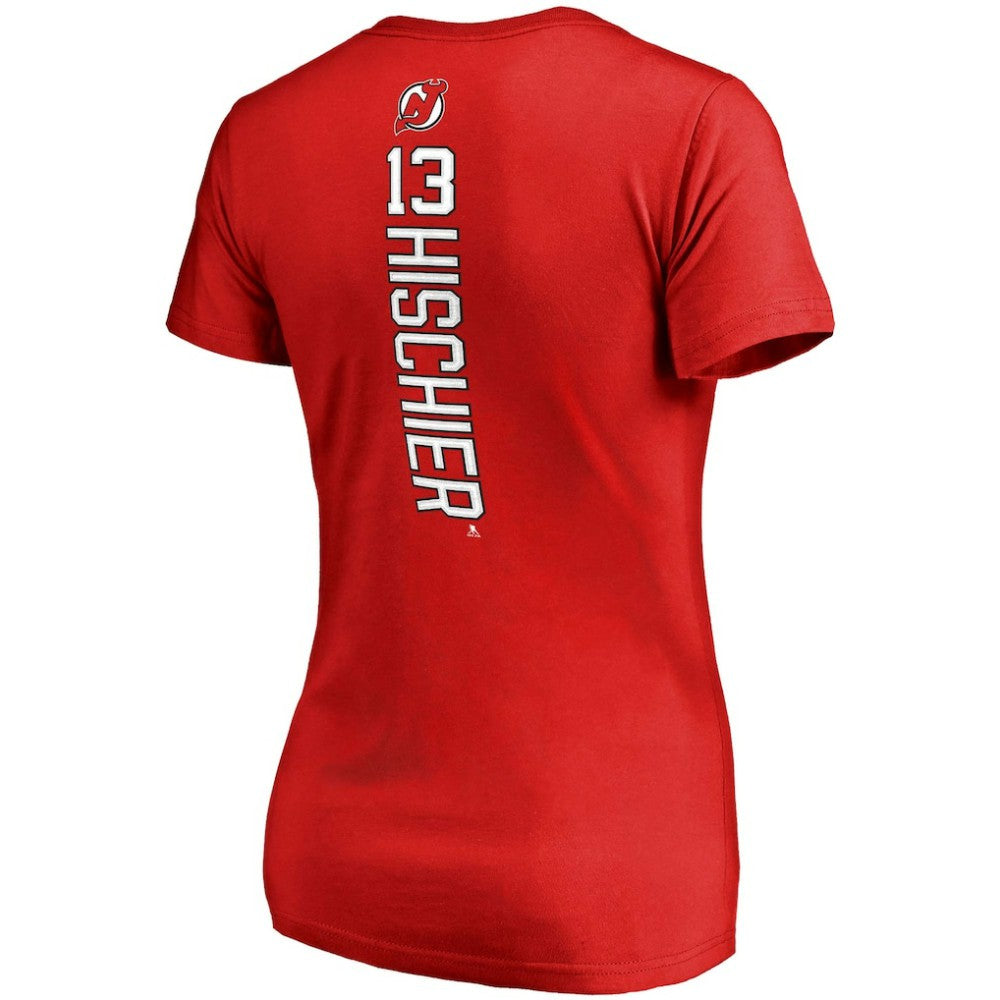 Nico Hischier New Jersey Devils Fanatics Women's Plus Size Backer Name & Number V-Neck T-Shirt - Red - NHL 2944676