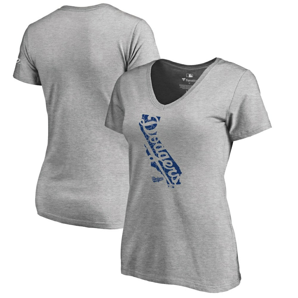 Los Angeles Dodgers Women's Hometown Collection Knockout State V-Neck T-Shirt - Ash - MLB Lifestyle