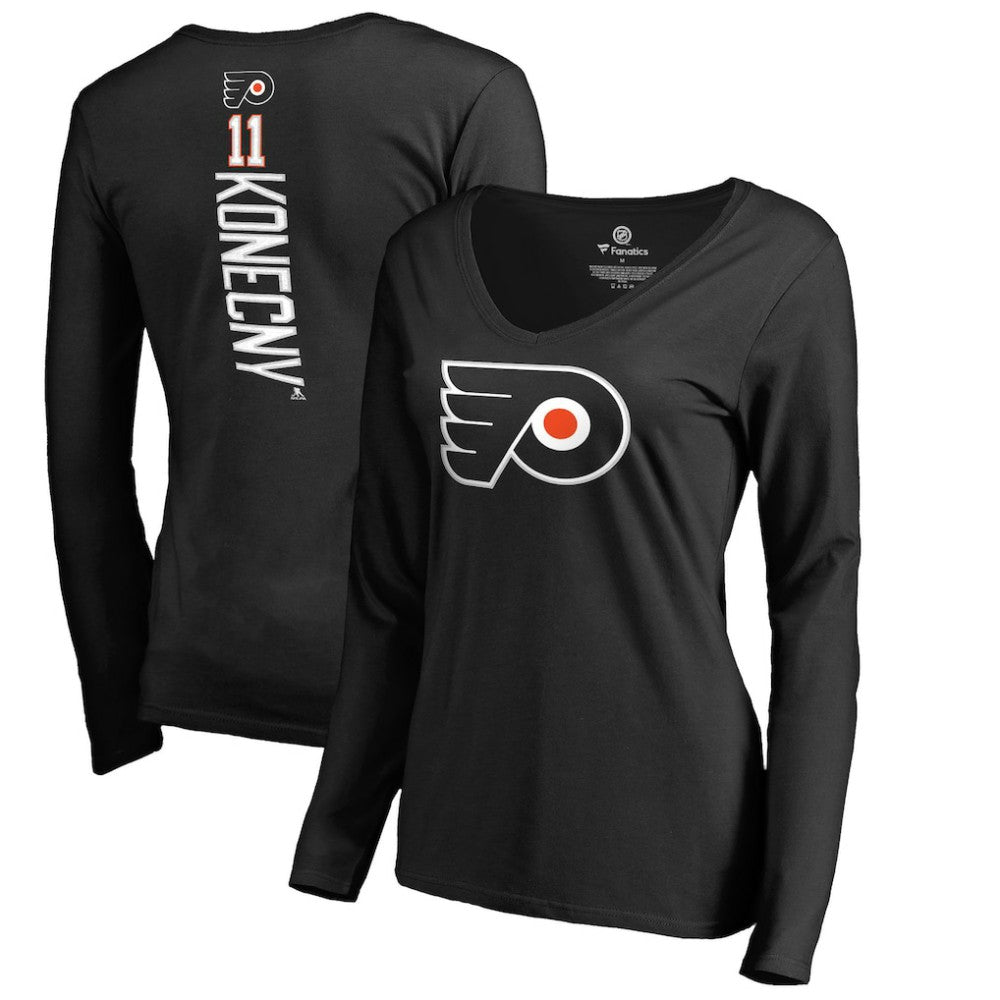 Travis Konecny Philadelphia Flyers Women's Backer Name & Number Slim Fit Long Sleeve V-Neck T-Shirt - Black - NHL 2975505