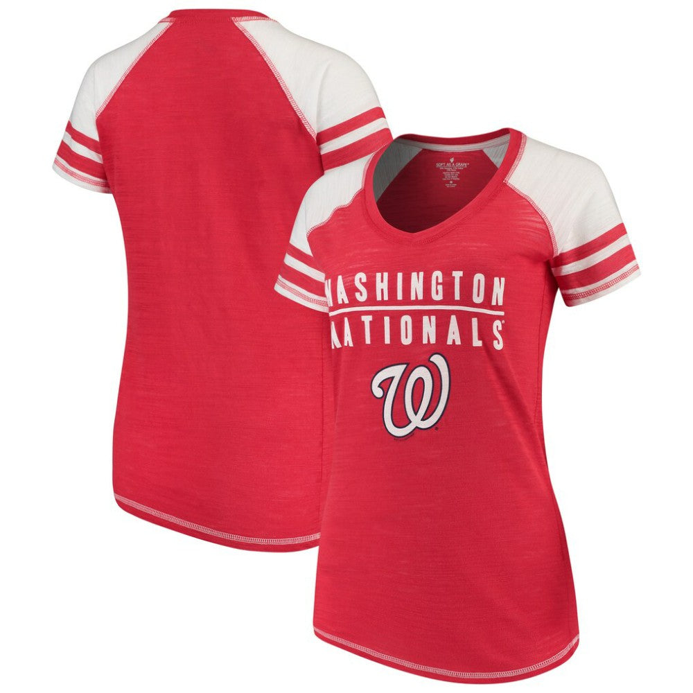 Washington Nationals Soft as a Grape Women's Color Block V-Neck T-Shirt - Red - MLB on Sale