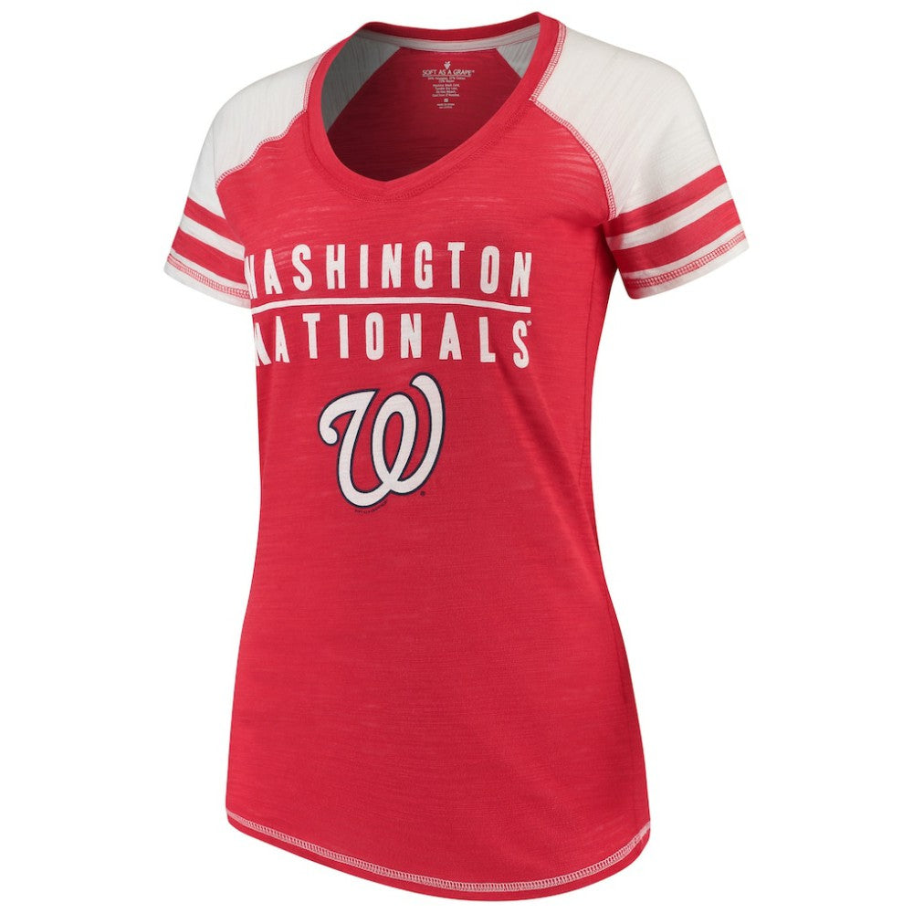 Washington Nationals Soft as a Grape Women's Color Block V-Neck T-Shirt - Red - MLB on Sale