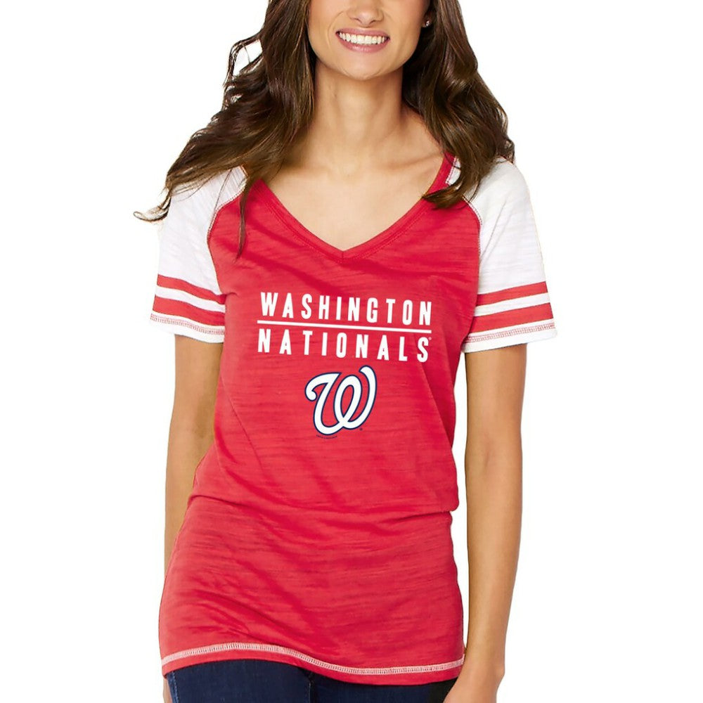 Washington Nationals Soft as a Grape Women's Color Block V-Neck T-Shirt - Red - MLB on Sale