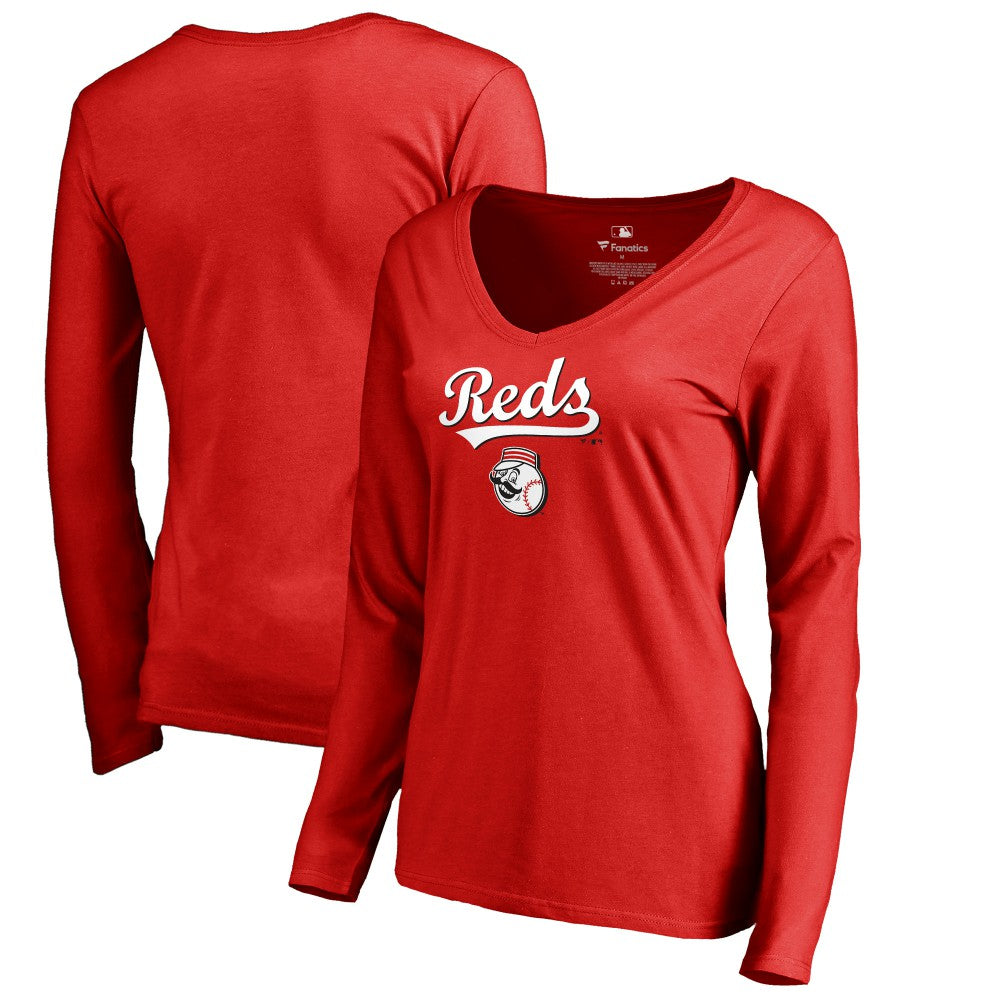 Cincinnati Reds Women's Team Lockup Slim Fit Long Sleeve V-Neck T-Shirt - Red - MLB Discount