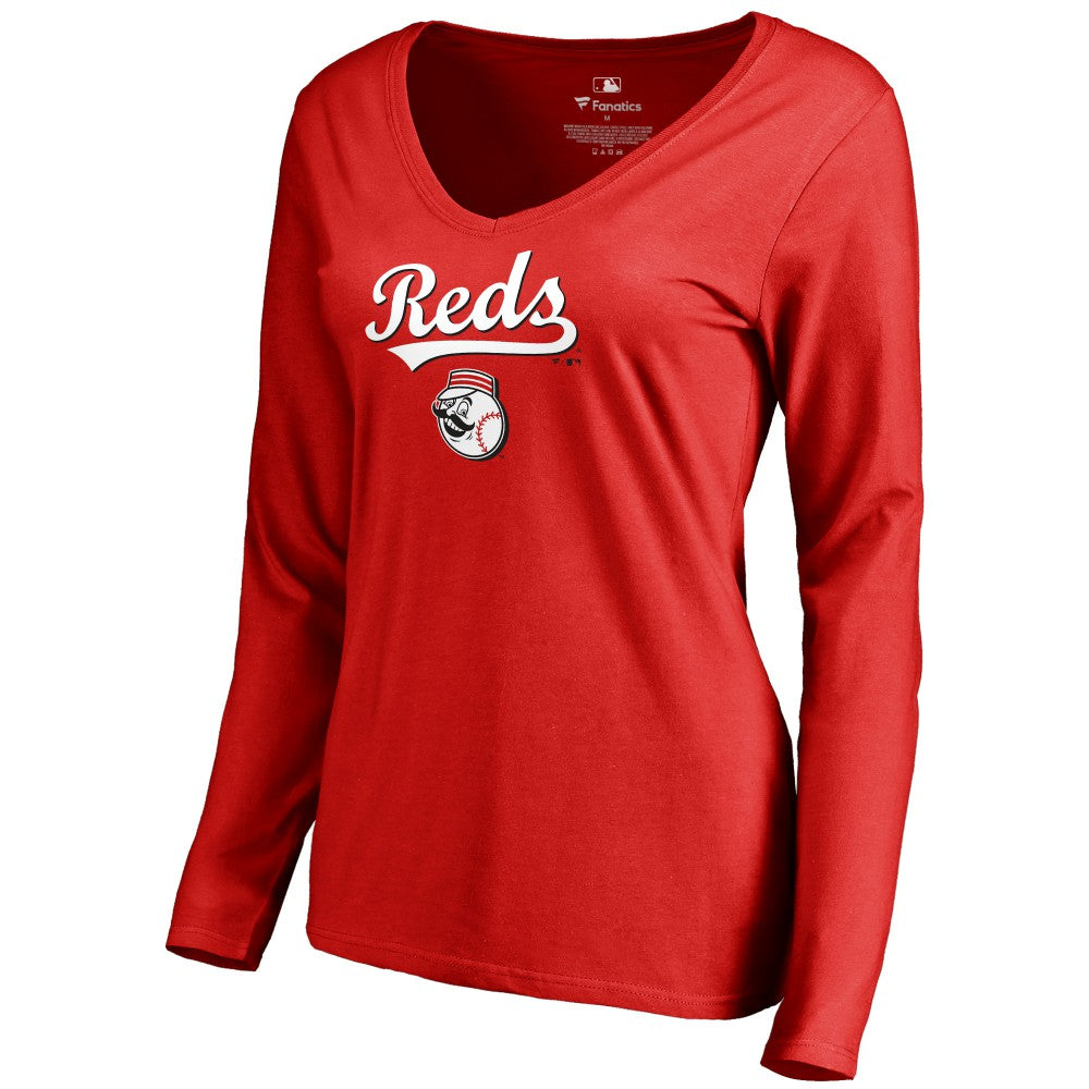 Cincinnati Reds Women's Team Lockup Slim Fit Long Sleeve V-Neck T-Shirt - Red - MLB Discount