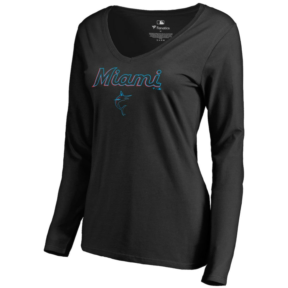 Miami Marlins Women's Team Lockup Slim Fit Long Sleeve V-Neck T-Shirt - Black - MLB Sale