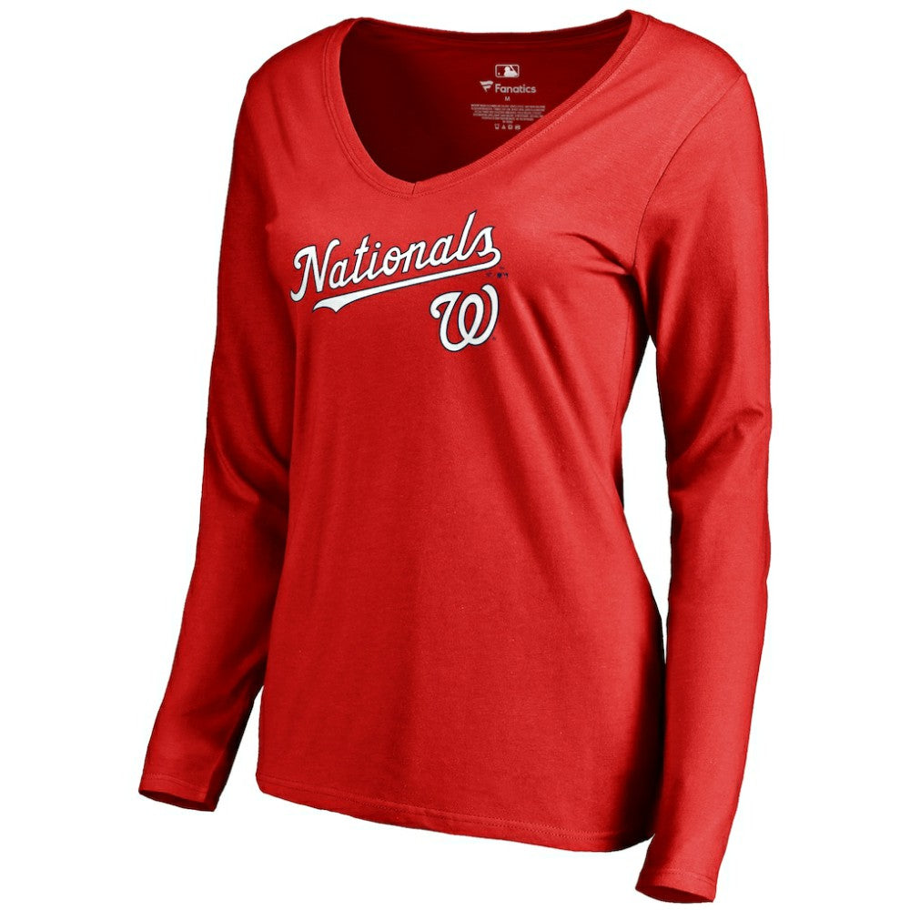Washington Nationals Women's Team Lockup Slim Fit Long Sleeve V-Neck T-Shirt - Red - MLB Sale