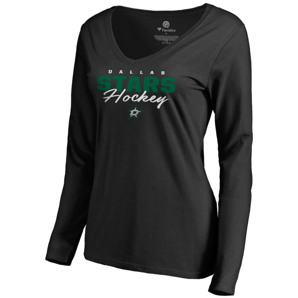 Dallas Stars Women's Iconic Collection Script Assist Long Sleeve V-Neck T-Shirt - Black - NHL 3008704