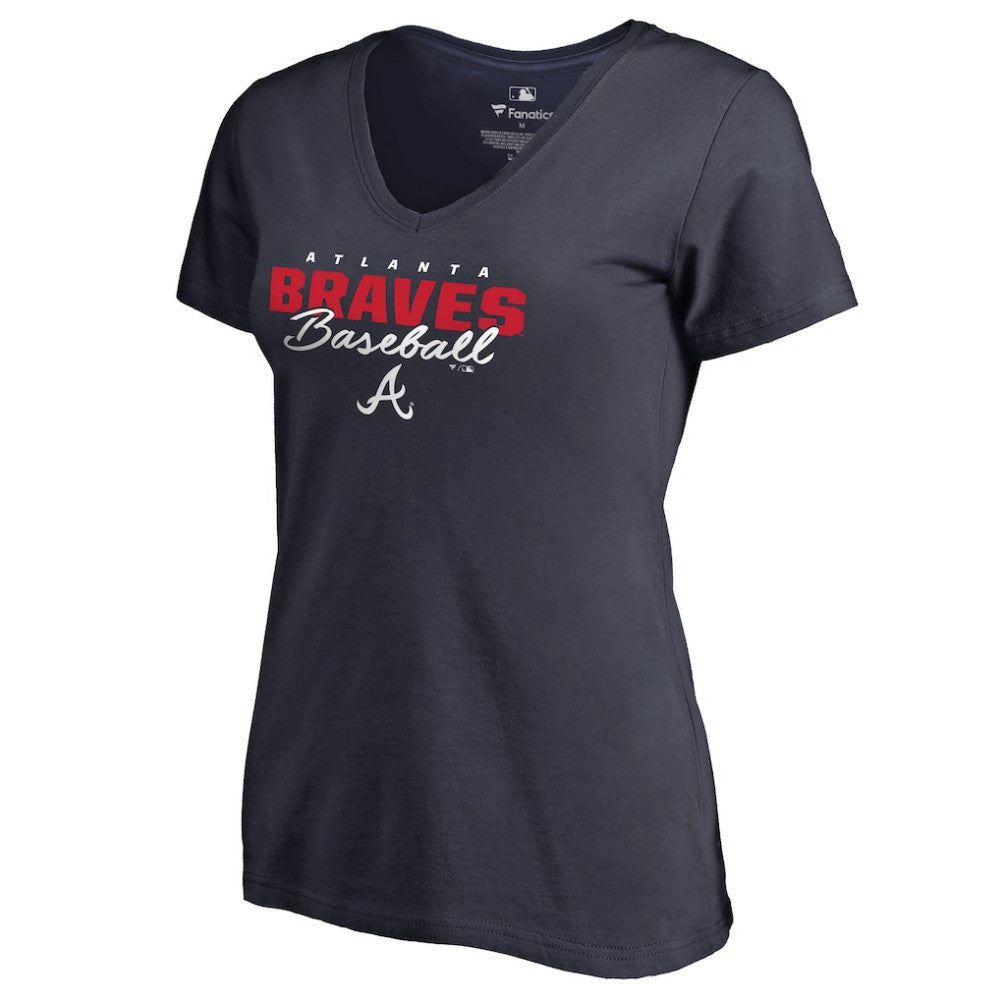 Atlanta Braves Women's Script Assist V-Neck T-Shirt - Navy - MLB Discount