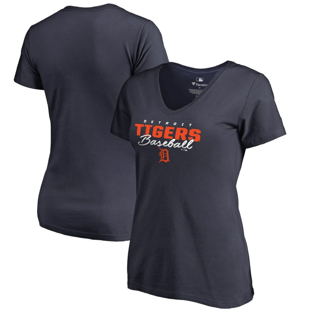 Detroit Tigers Women's Script Assist V-Neck T-Shirt - Navy - MLB Lifestyle