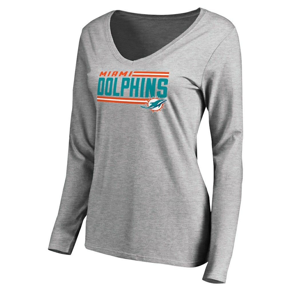 Miami Dolphins Women's Iconic Collection On Side Stripe Long Sleeve V-Neck T-Shirt Ash