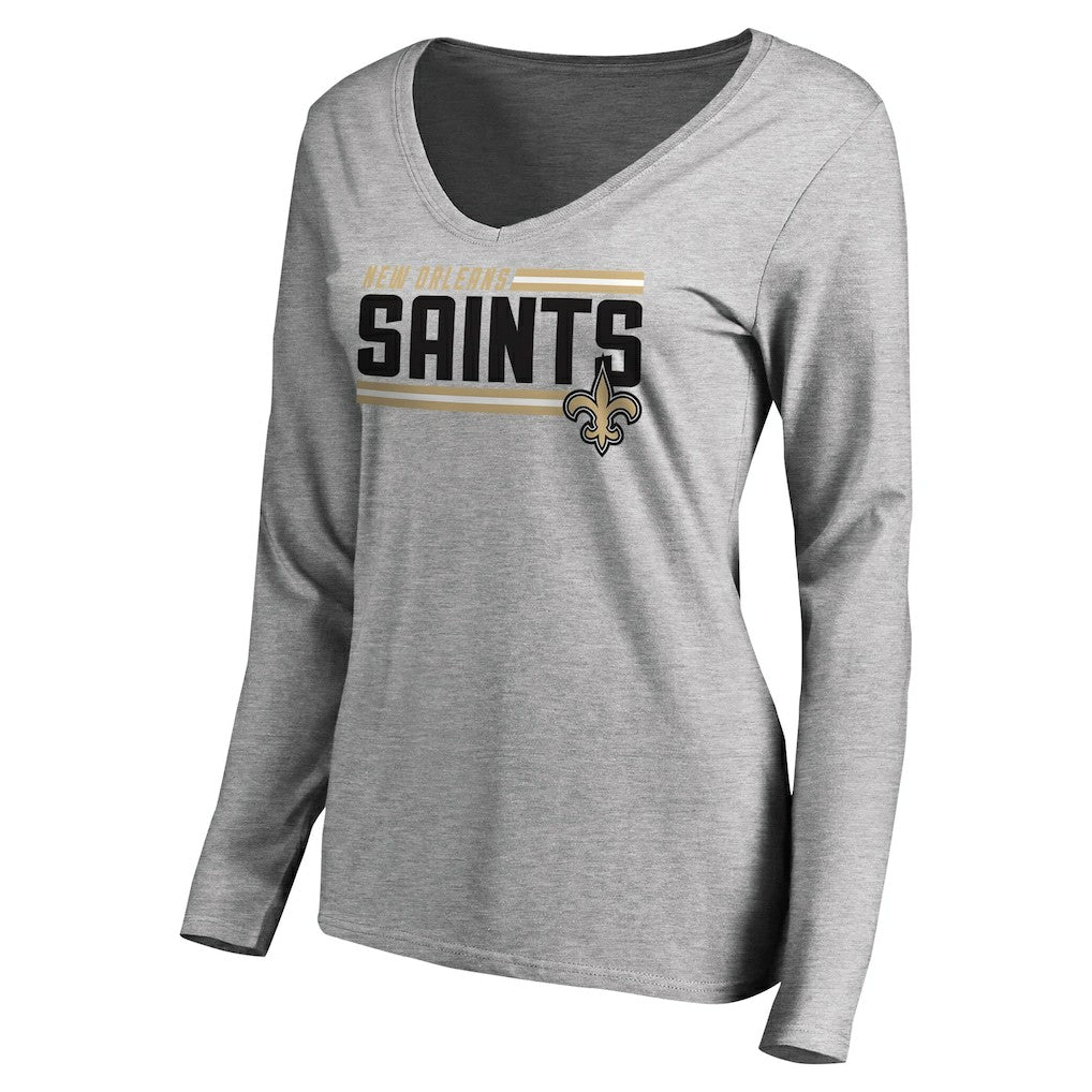 New Orleans Saints Women's Iconic Collection On Side Stripe Long Sleeve V-Neck T-Shirt Ash