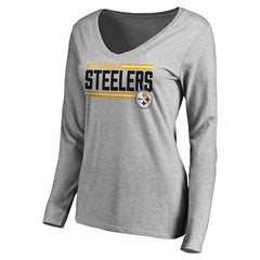 Pittsburgh Steelers Women's Iconic Collection On Side Stripe Long Sleeve V-Neck T-Shirt Ash