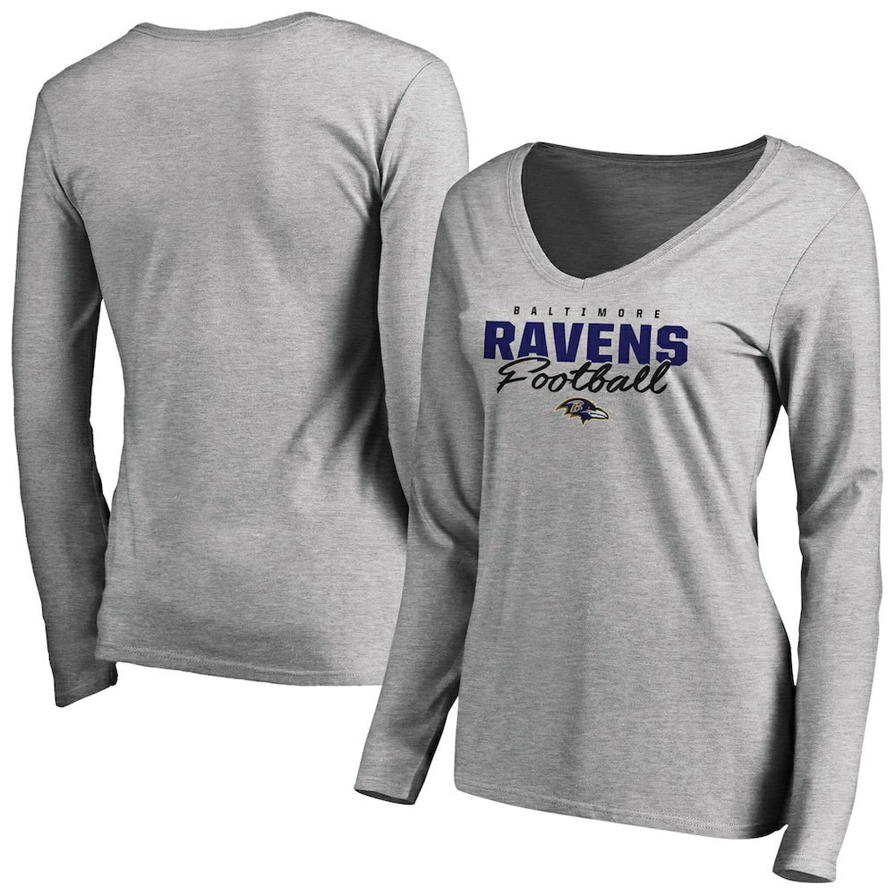 Baltimore Ravens Women's Iconic Collection Script Assist Long Sleeve V-Neck T-Shirt Ash