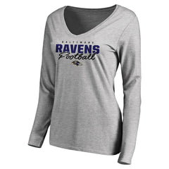 Baltimore Ravens Women's Iconic Collection Script Assist Long Sleeve V-Neck T-Shirt Ash