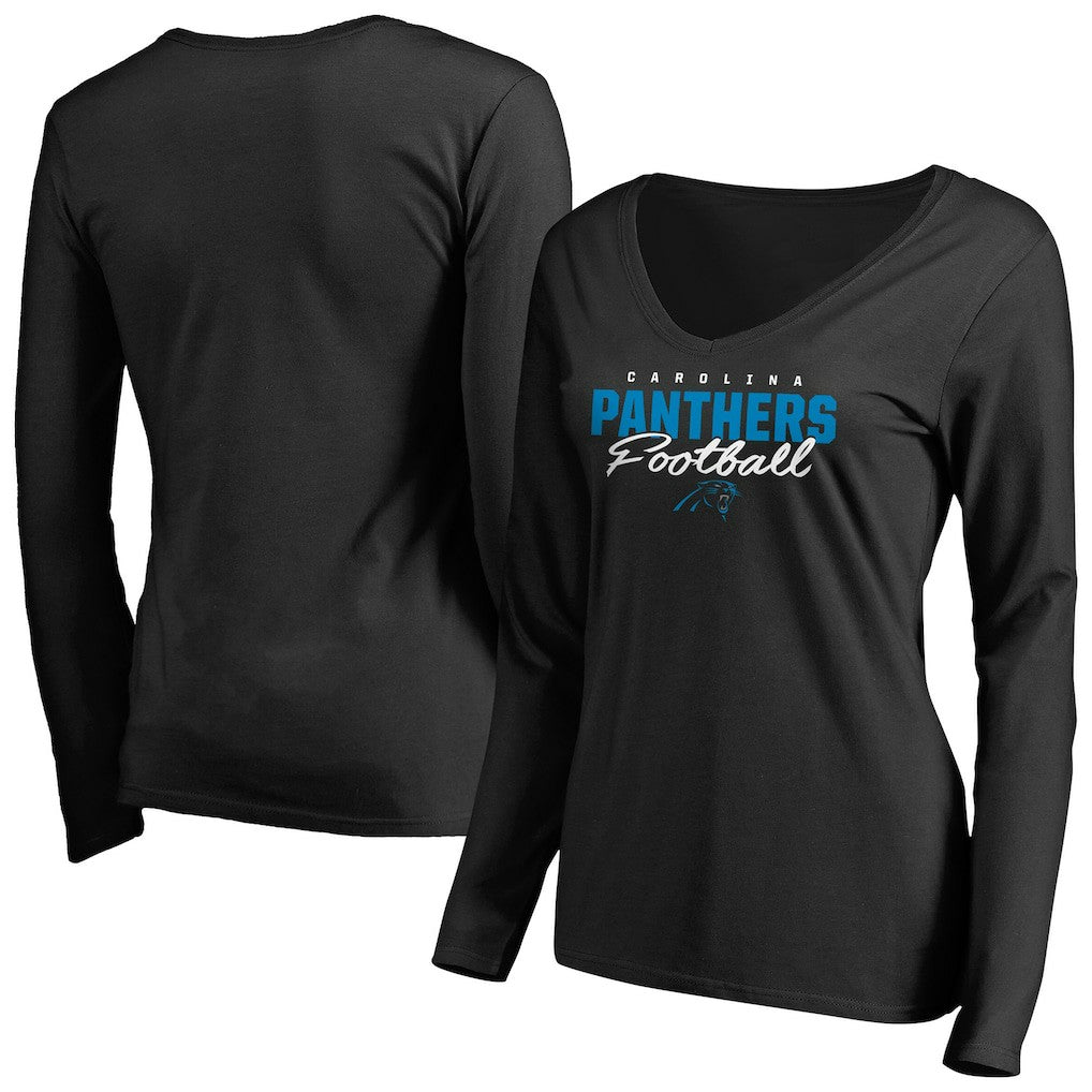 Carolina Panthers Women's Iconic Collection Script Assist Long Sleeve V-Neck T-Shirt Black