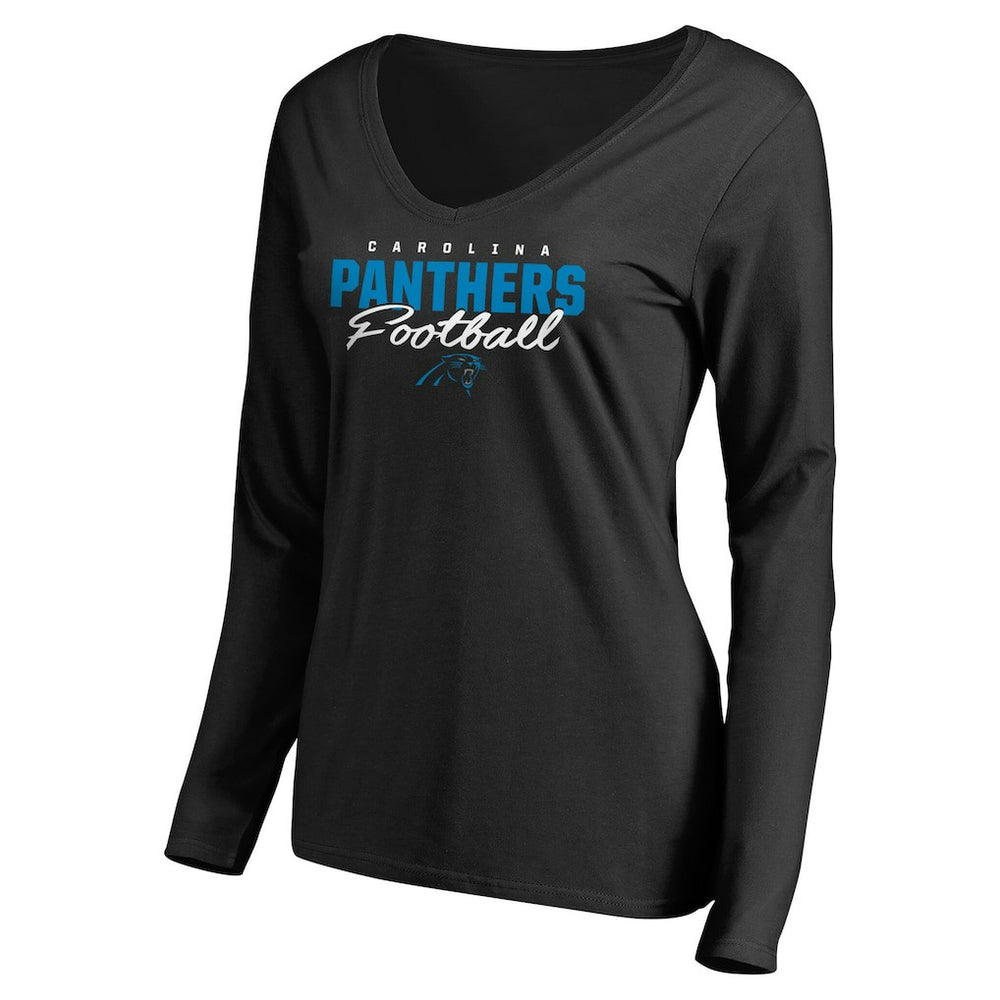 Carolina Panthers Women's Iconic Collection Script Assist Long Sleeve V-Neck T-Shirt Black