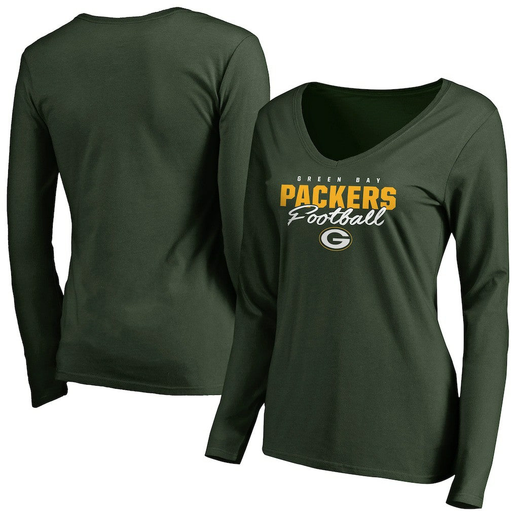 Green Bay Packers Women's Iconic Collection Script Assist Long Sleeve V-Neck T-Shirt Green