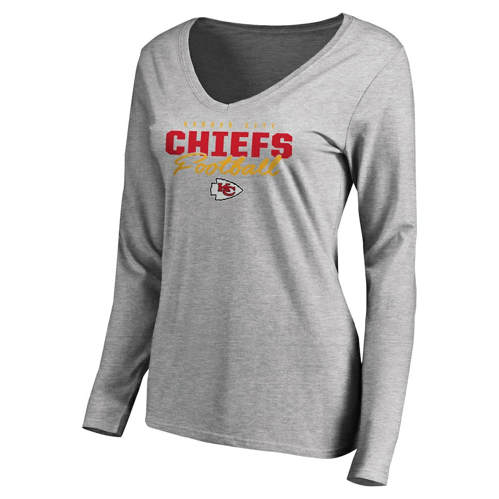 Kansas City Chiefs Women's Iconic Collection Script Assist Long Sleeve V-Neck T-Shirt Ash