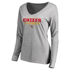 Kansas City Chiefs Women's Iconic Collection Script Assist Long Sleeve V-Neck T-Shirt Ash