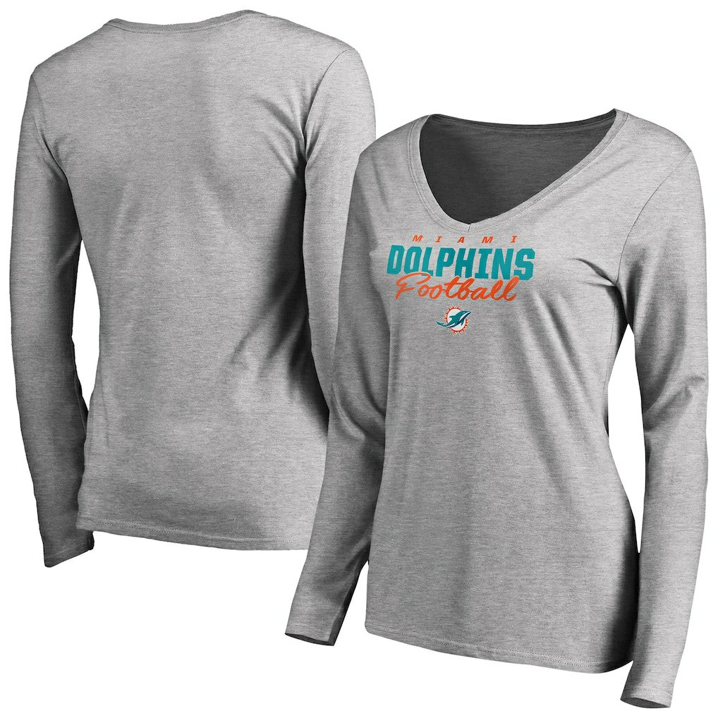 Miami Dolphins Women's Iconic Collection Script Assist Long Sleeve V-Neck T-Shirt Ash
