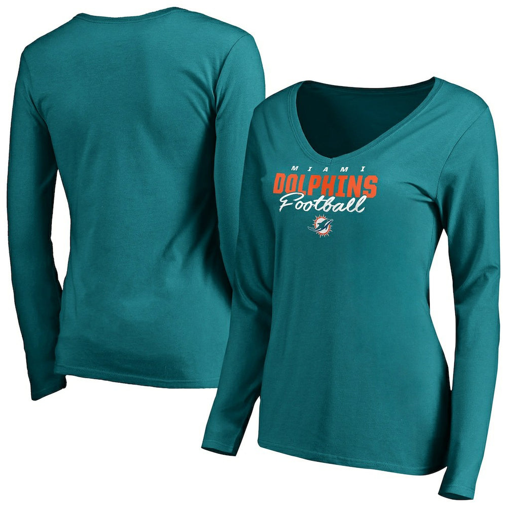 Miami Dolphins Women's Iconic Collection Script Assist Long Sleeve V-Neck T-Shirt Aqua