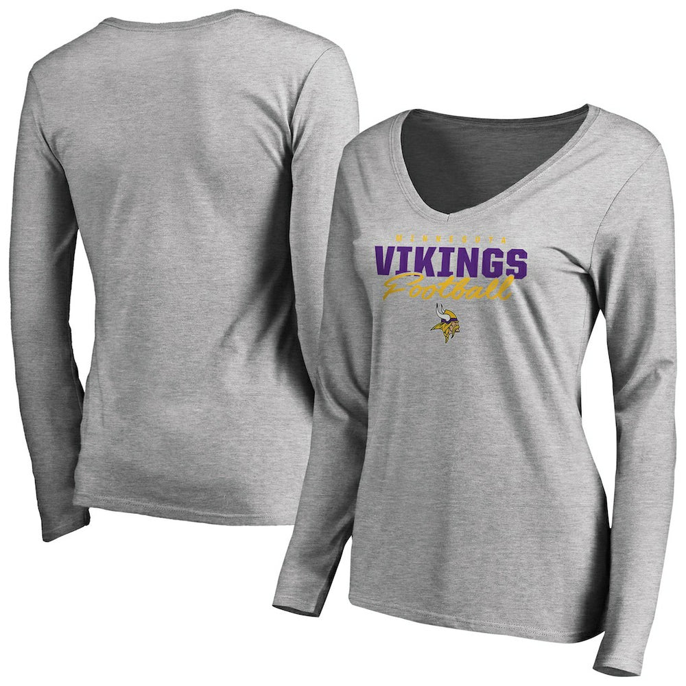 Minnesota Vikings Women's Iconic Collection Script Assist Long Sleeve V-Neck T-Shirt Ash