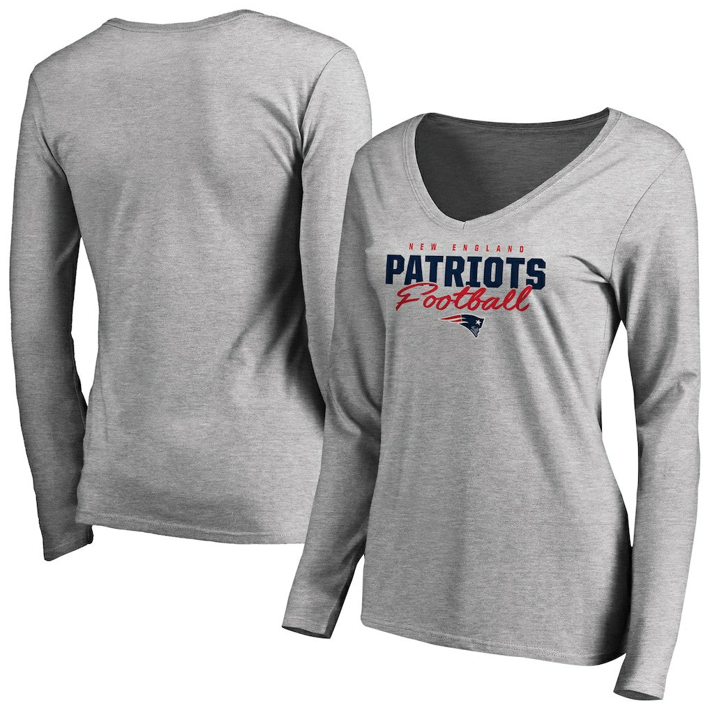 New England Patriots Women's Iconic Collection Script Assist Long Sleeve V-Neck T-Shirt Ash