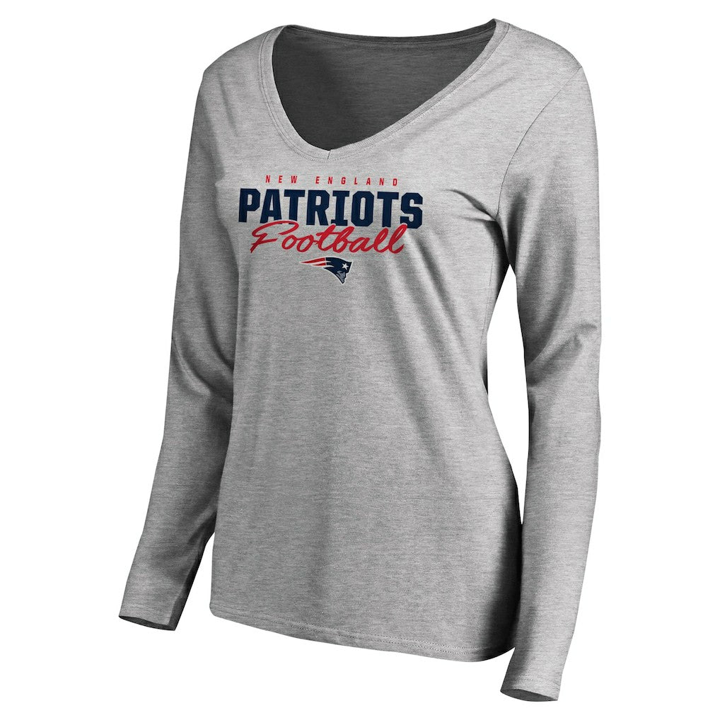New England Patriots Women's Iconic Collection Script Assist Long Sleeve V-Neck T-Shirt Ash