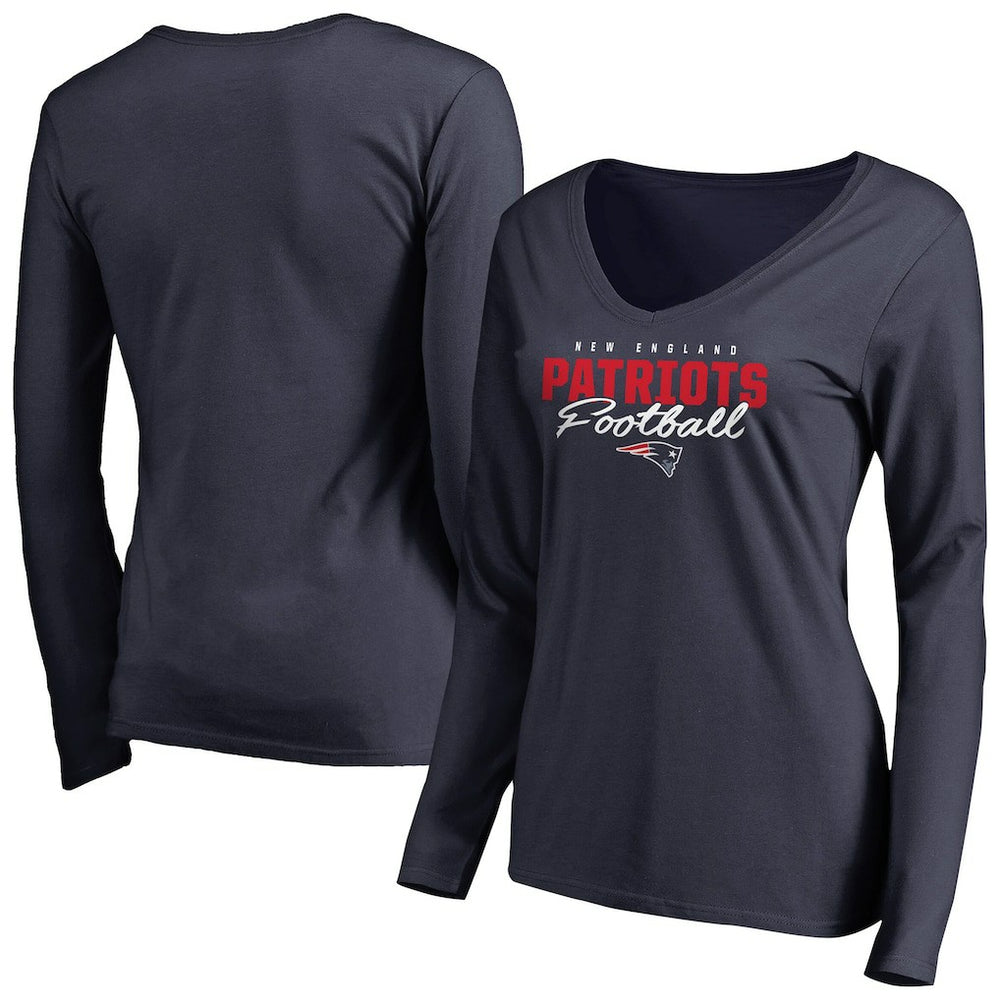 New England Patriots Women's Iconic Collection Script Assist Long Sleeve V-Neck T-Shirt Navy