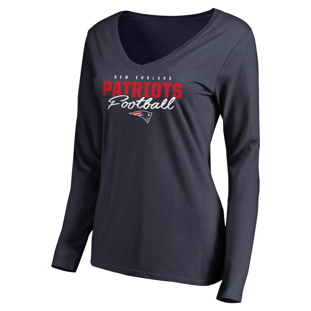 New England Patriots Women's Iconic Collection Script Assist Long Sleeve V-Neck T-Shirt Navy
