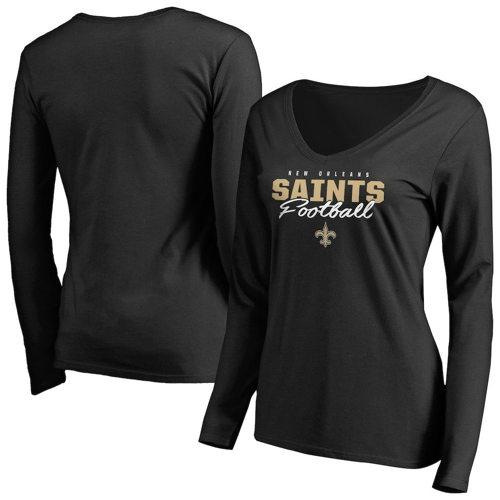 New Orleans Saints Women's Iconic Collection Script Assist Long Sleeve V-Neck T-Shirt Black