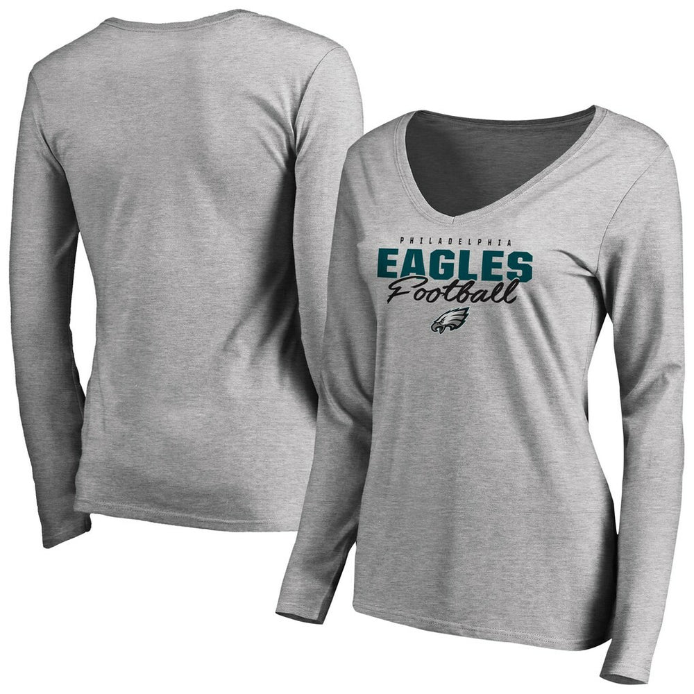 Philadelphia Eagles Women's Iconic Collection Script Assist Long Sleeve V-Neck T-Shirt Ash