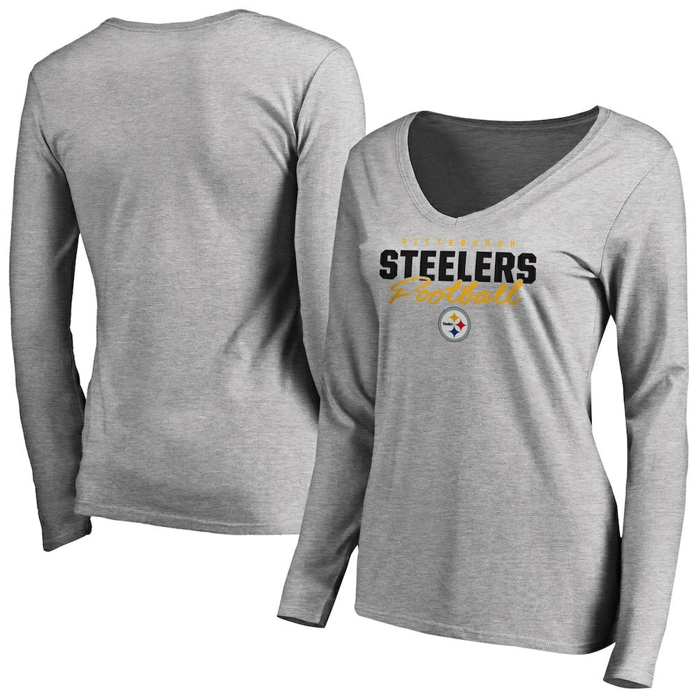 Pittsburgh Steelers Women's Iconic Collection Script Assist Long Sleeve V-Neck T-Shirt Ash