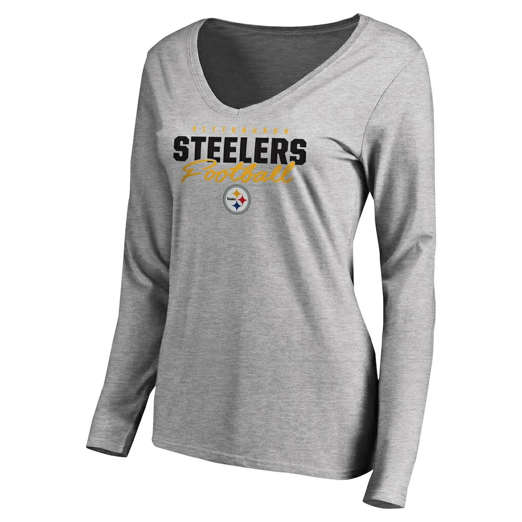 Pittsburgh Steelers Women's Iconic Collection Script Assist Long Sleeve V-Neck T-Shirt Ash