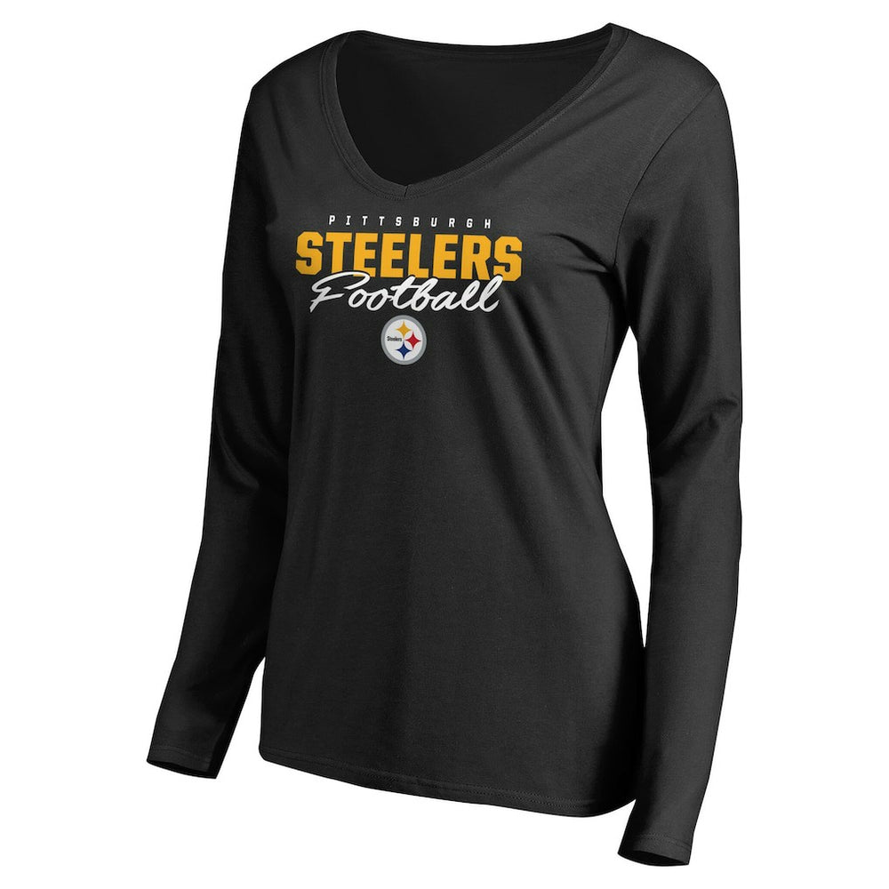 Pittsburgh Steelers Women's Iconic Collection Script Assist Long Sleeve V-Neck T-Shirt Black