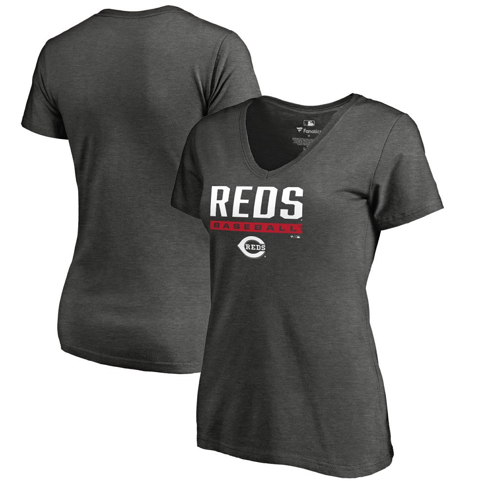 Cincinnati Reds Women's Win Stripe V-Neck T-Shirt - Ash - MLB on Sale