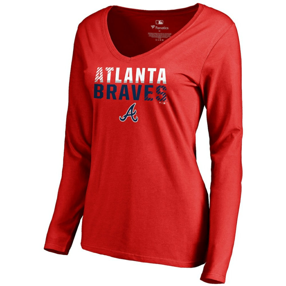 Atlanta Braves Women's Fade Out V-Neck Long Sleeve T-Shirt - Red - MLB Discount