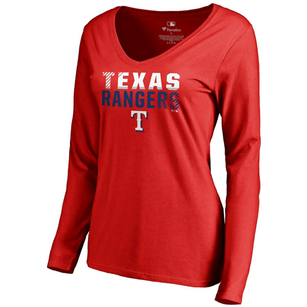 Texas Rangers Women's Fade Out V-Neck Long Sleeve T-Shirt - Red - MLB Discount