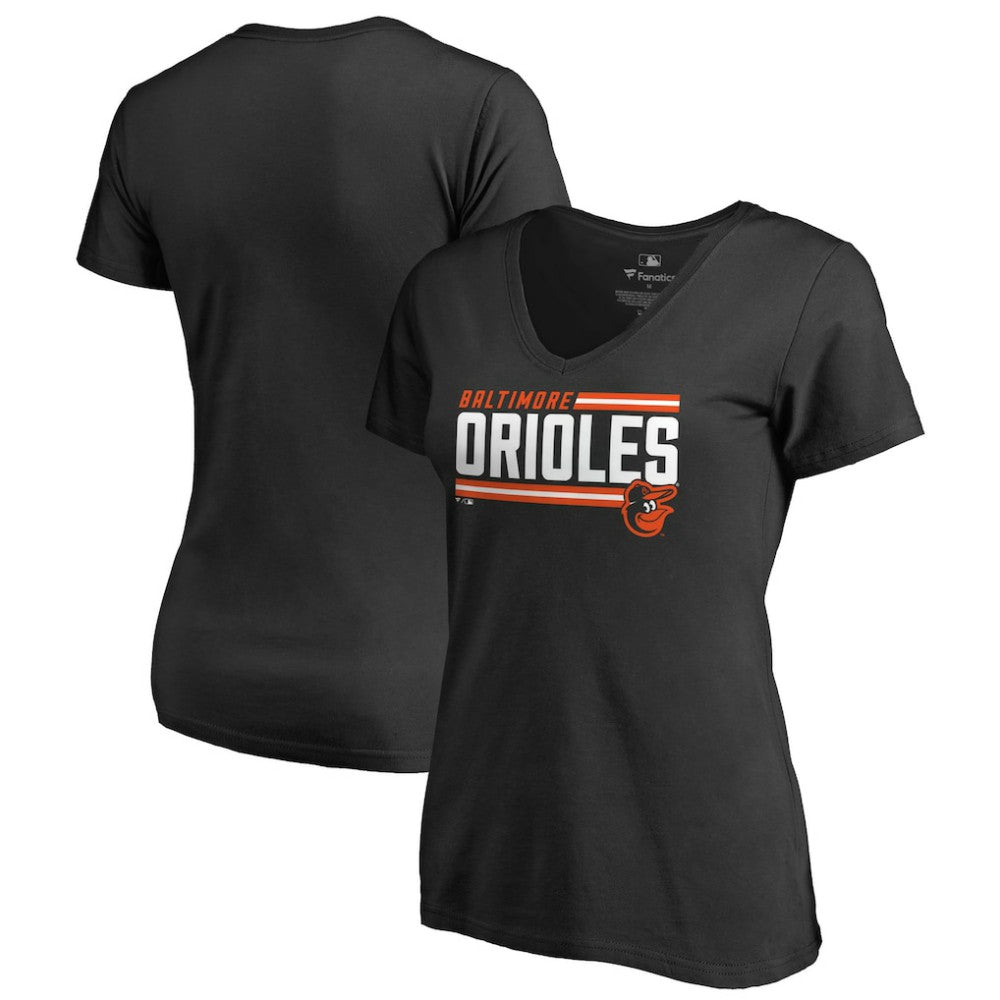 Baltimore Orioles Women's Onside Stripe V-Neck T-Shirt - Black - MLB on Sale