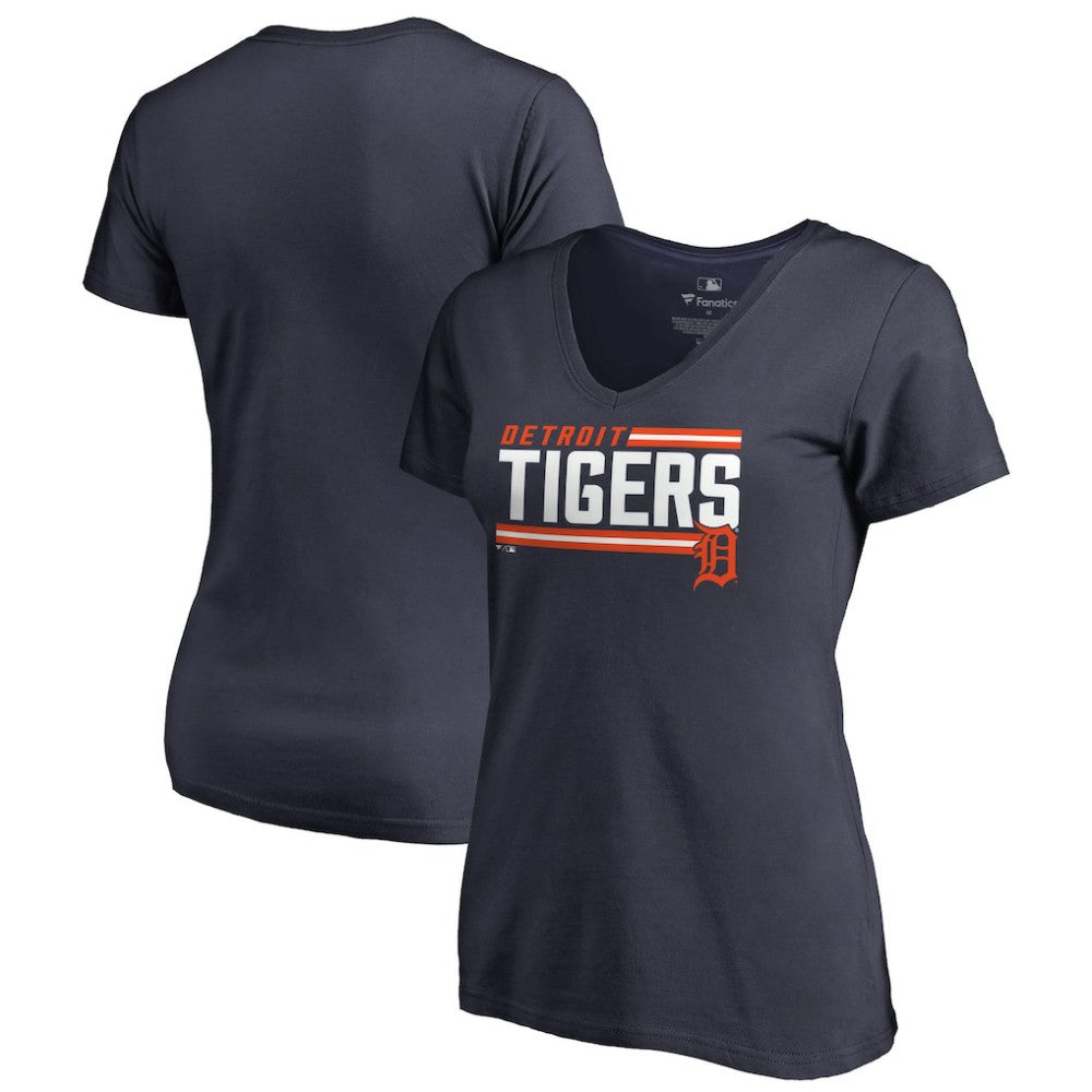 Detroit Tigers Women's Onside Stripe V-Neck T-Shirt - Navy - MLB Discount