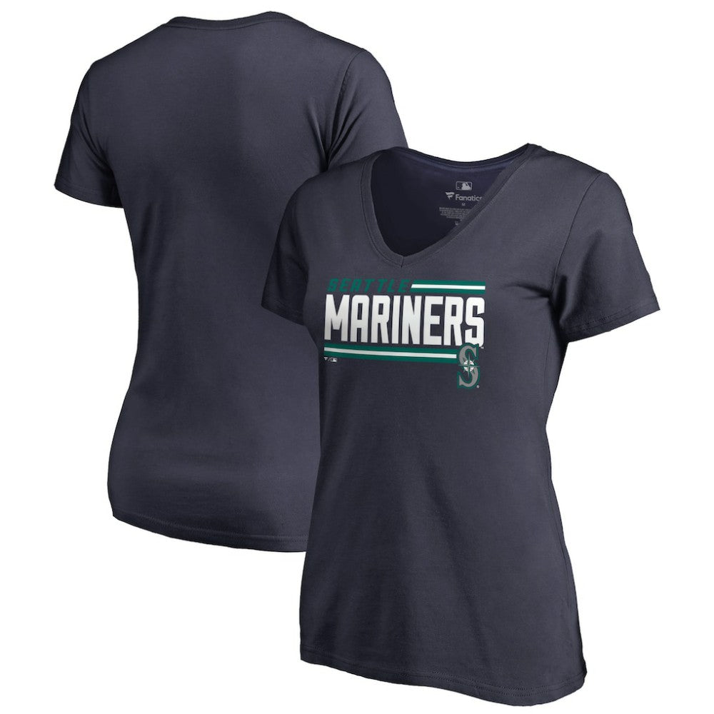 Seattle Mariners Women's Onside Stripe V-Neck T-Shirt - Navy - MLB Lifestyle